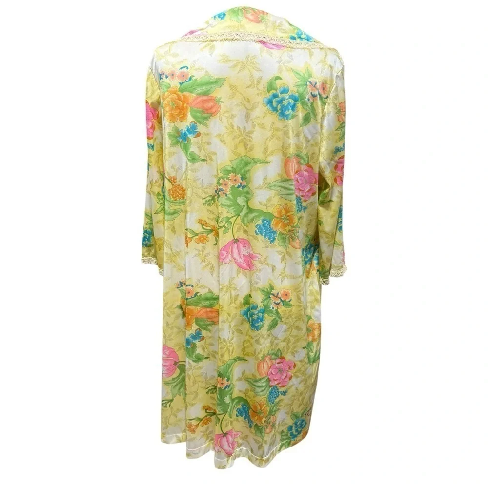 Vanity Fair 70s Vintage Yellow Floral Satin Robe Sz 34 Small Lace Pumpkin Fall